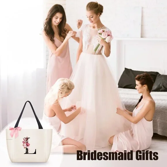 Waterproof Tote Bag Monogrammed Bridesmaid Gift Pink Floral Black Women - Picture 5 of 6